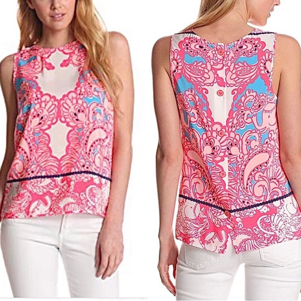Lilly Pulitzer Iona Shell Engineered Safari silk pink back buttons preppy resort